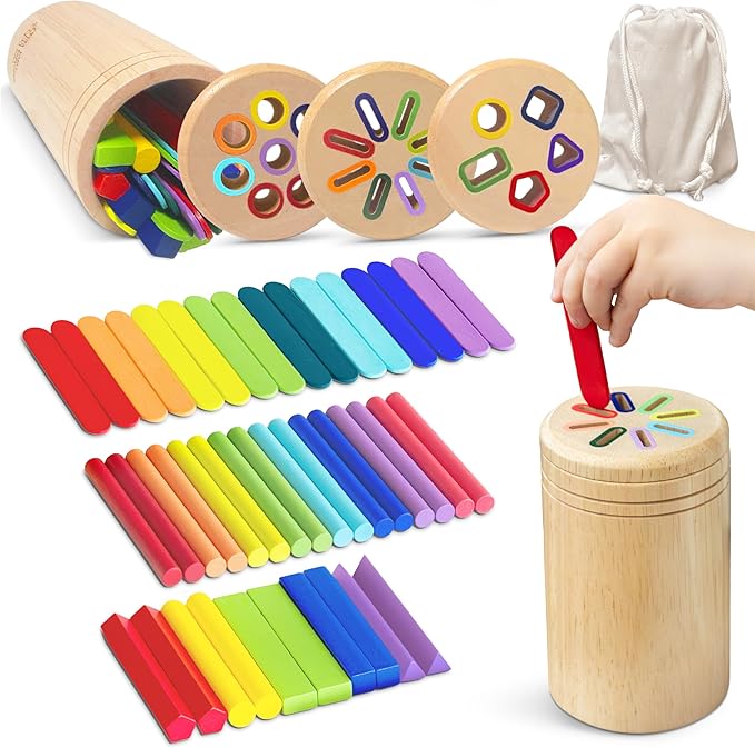 Wooden Montessori Baby Toddler Toys: 3 in 1 Learning Fine Motor Skills Juguetes, Educational Color Sorting Fidget Sensory Toys for Toddlers Boys Girls Gifts Object Permanence Cause and Effect