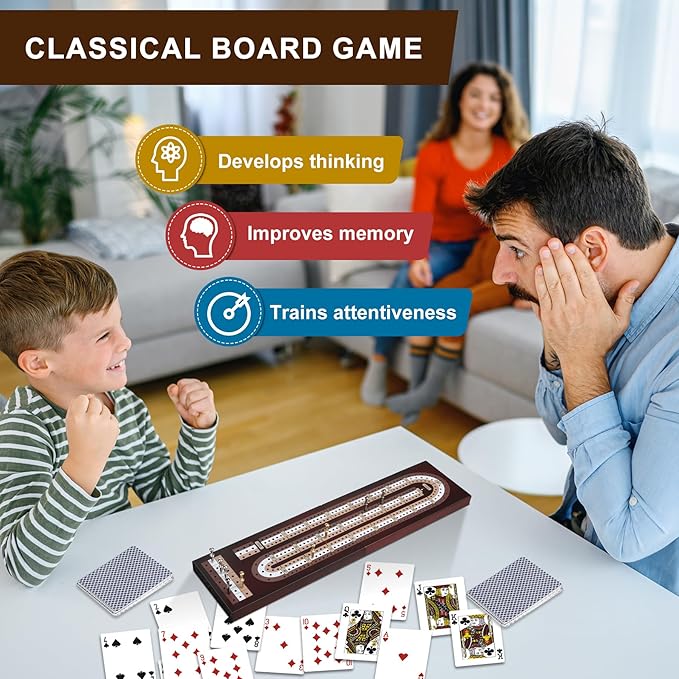 Cribbage Board Game Set, Premium Wooden Board with Magnetic Lock and Built-in Storage, Deck of Cards & 9 Metal Pegs, Fun 2–3 Player Travel Game for Adults and Family