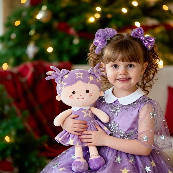Onetoo Rag Doll Plush Baby Dolls Soft Baby Doll for Girls First Baby Doll Plush Sleeping Cuddle Buddy Doll Wear Star Purple Sleeveless Dress 14"