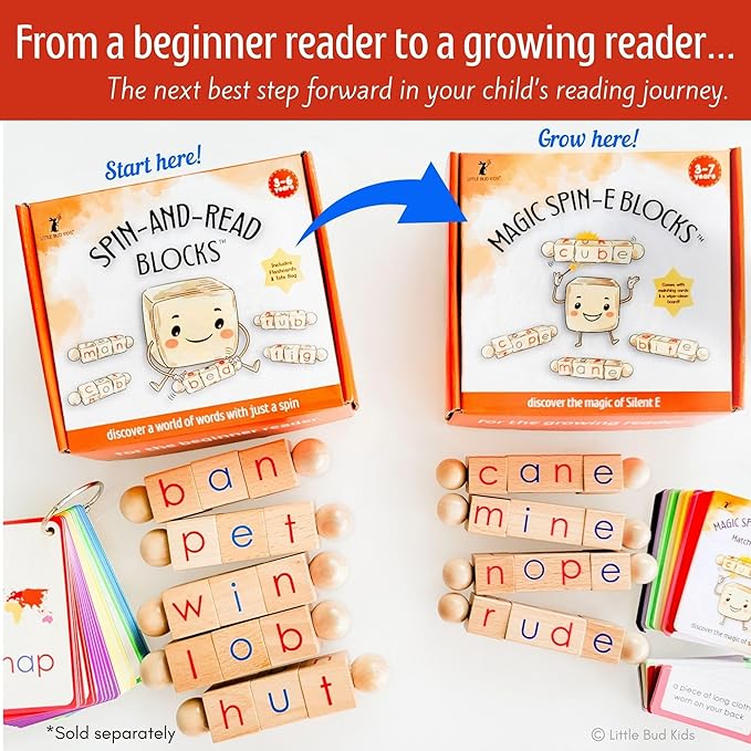 LITTLE BUD KIDS Magic Spin-E Blocks - A Silent E Phonics Toy & Montessori CVCe Reading Blocks for Kids Ages 4–7
