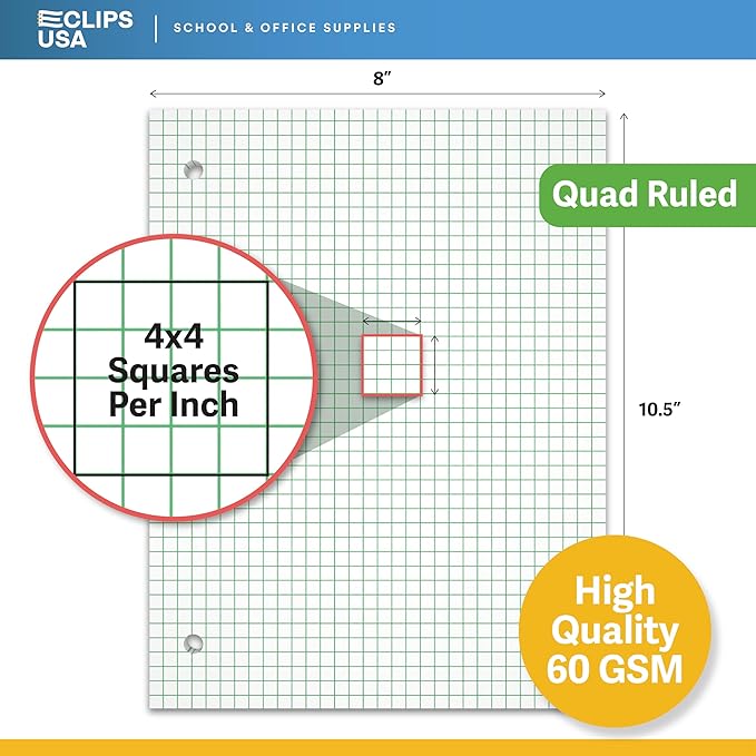 Loose Leaf Graph Paper (48 Pack Bulk), 4 x 4 An Inch Quad Ruled Graph Paper, 10.5” x 8” Graphing Paper, 100 Per Sheets Per Pack, 60 gsm (48 Pack)