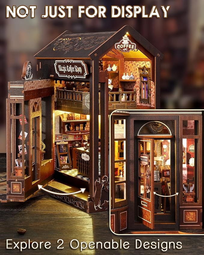 Book Nook Kit Magic Coffee Shop, DIY Miniature House with LED Lights, 3D Wooden Puzzle for Adults & Teens, Bookshelf Decor Craft Gift for Family & Friends