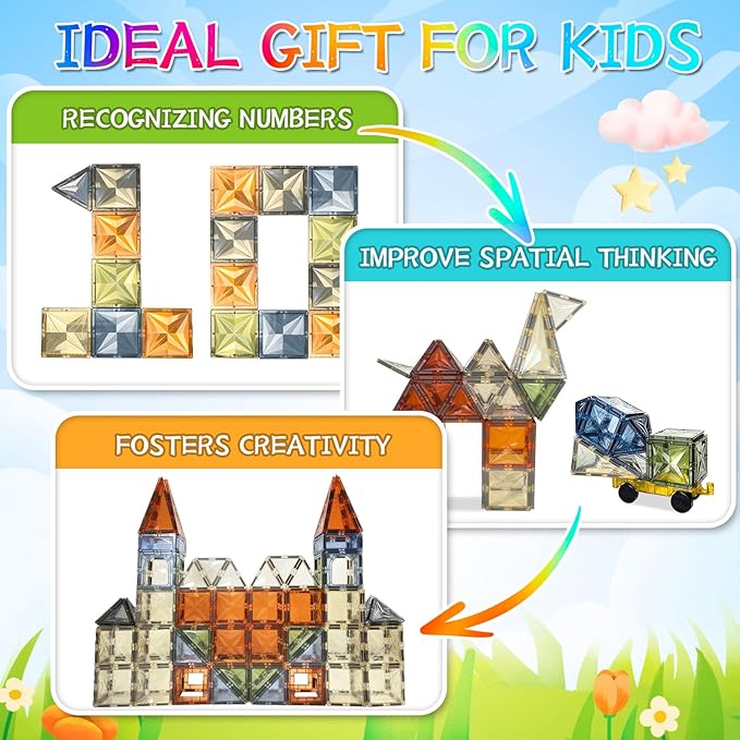 100PCS Magnetic Tiles Montessori Toys Magnetic Blocks Kids Games STEM Classroom Educational Learning Sensory Magnet Natural Toy for Toddler Boys Girls 3+ Year Old with 2 Cars