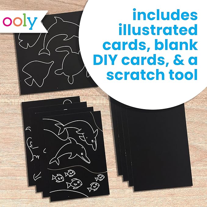 Ooly Scratch & Scribble 10pc Art Kit with 8 Total Scratch Cards (4 Illustrated, 2 Blank, 2 Rainbow) with Scratching Tool and Sparkled Stickers, Art Set Gifts for Kids - Ocean Life