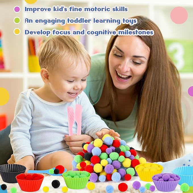 158 PCS Fine Motor Skills Set - 150 Pom Poms, 6 Sorting Bowls, Tweezers, Spoon, Sensory Bin Filler for Preschool Kids Counting, Sorting, Matching Training Activity