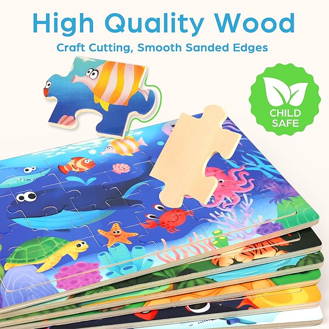 BenBen Puzzles for Kids Ages 4-6, 6 Pack 24 Piece Wooden Jigsaw Puzzles for Toddlers Ages 3-5, Preschool Learning Educational Toys for Boys Girls