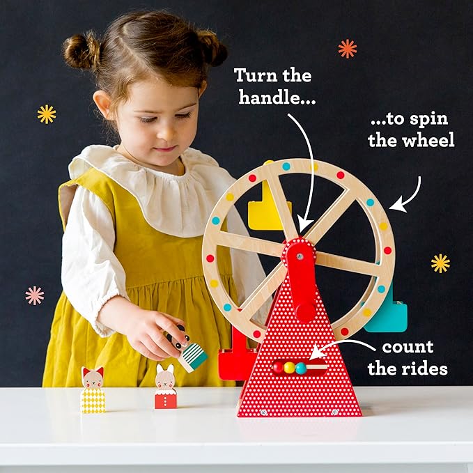 Petit Collage Ferris Wheel Carnival Wooden Toy, 2 Animal Characters Included – Pre-Assembled Wooden Ferris Wheel Toy with Sturdy Wood Construction, Non-Toxic and Safe for Kids, Ideal for Ages 3+