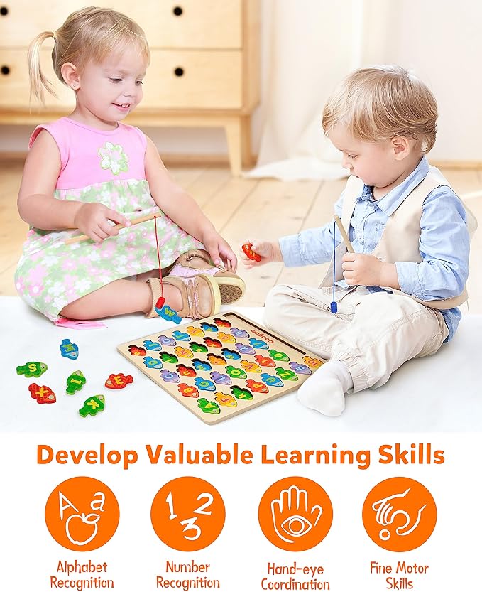 Coogam Magnetic Alphabet Numbers Fishing Game, Wooden ABC Letter Numbers Color Matching Puzzle Fine Motor Montessori Educational Toy for Preschool 3 4 5 Year Old Toddlers