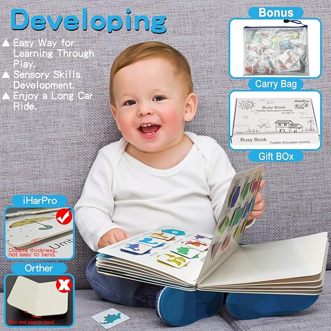 iHarPro Busy Book for Kids, Montessori Toys for Toddlers, Autism Sensory Educational Toys, Toddler Preschool Learning Activity Binder and Early Books - for Boys & Girls Develops Fine Motor Skills