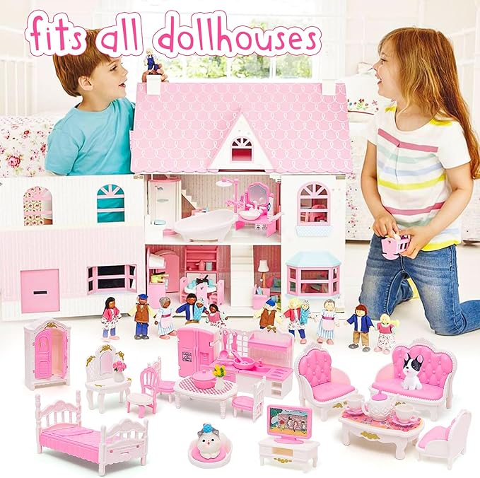 45 Pcs Dollhouse Furniture Set Accessories Doll House Mini Furniture Pretend Play Bedroom Living Room Bathroom Kitchen for Kids Birthday and Christmas Pink