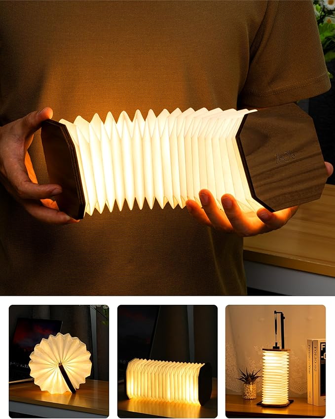 Originality Folding Accordion Lamp, Portable Wooden Desk Lamp, Japanese Gifts, Creative LED Paper Lantern with USB for Home Decoration(Walnut)