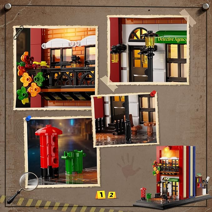 Detective Bookend Building Set with Lights, 1241 PCS Detective Agency Street House Building Block Kit for Home Decor Bookshelf, Collectible Mystery Bookstand Model for Adults Boys Girls Age 12+