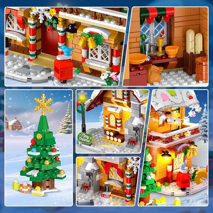 3 Style Christmas Gingerbread House Building Set with Lights - 2025 Christmas Castle Village Building Block Toy with Santa Claus Xmas Tree Train Gifts for Adults Kids Girls Boys Ages 6+ (1477PCS)