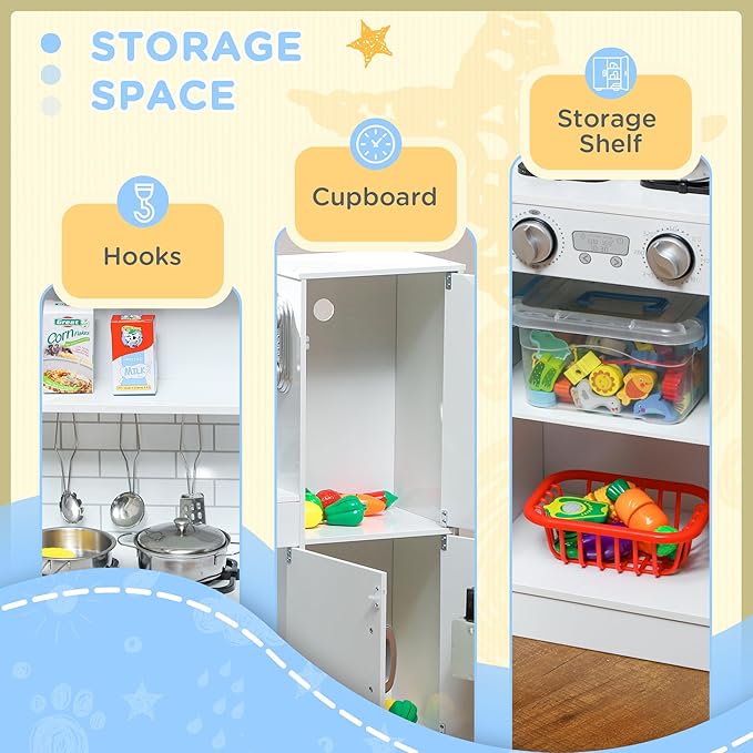 Qaba Kids Kitchen Playset - Pretend Play Toy Kitchen with Phone, Chalkboard, Towel Rack, Ice Maker, 5 Accessories, Storage Space, Microwave & Sink - Gift for 3-8 Years, White