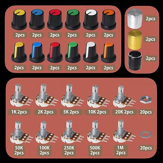 EEEEE 84pcs WH148 Potentiometer Kit 1K 2K 5K 10K 20K 50K 100K 250K 500K 1M K Ohm 15mm Shaft Single-Joint Linear Potentiometers 3Pins Set Variable Resistors with Knob Plum Cap Aluminum Alloy Knobs