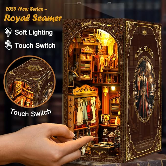 [2025 New Royal Seamer Book Nook Kit with Dust Cover & LED Light, DIY Miniature House Kit Toy, 3D Wooden Puzzle Bookshelf Decor Building Kit, Birthday Gifts for Family & Friends