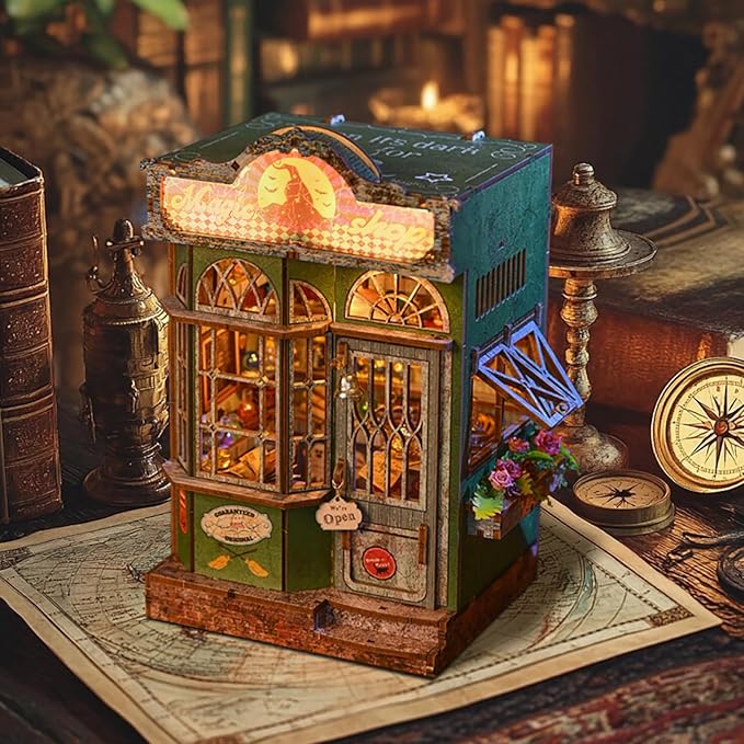 DIY Book Nook Kit, Miniature Bookshelf Decor with LED Lights, Laser-Cut Wooden Craft Set for Adults, Creative Gift for Christmas, Birthday, Magic Shop