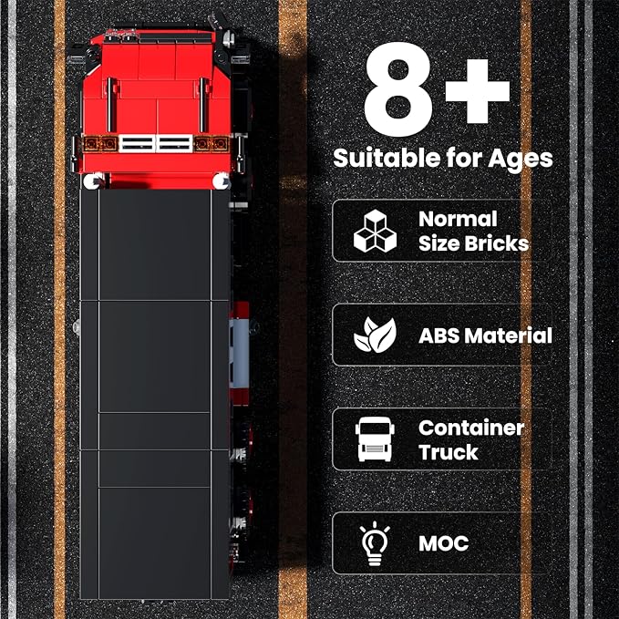 Mould King Red Container Truck Building Set, Toy Realistic American Style Trucks for Boys Aged 8+, 24069 Realistic Trailer Car Model with Detailed Interior, Collectible Blocks for Adults (630 Pieces)