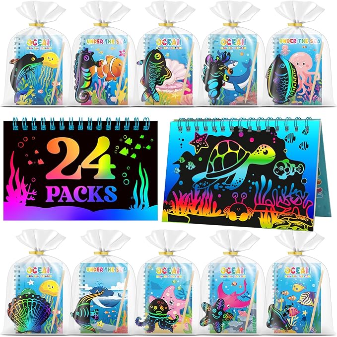 24 Pack Under the Sea Scratch Art Party Favors for Kids - Rainbow Scratch Paper with Ocean Animals Scratch Off Cards Easter Birthday Goodie Bags Stuffers - Return Gifts DIY Classroom Prizes