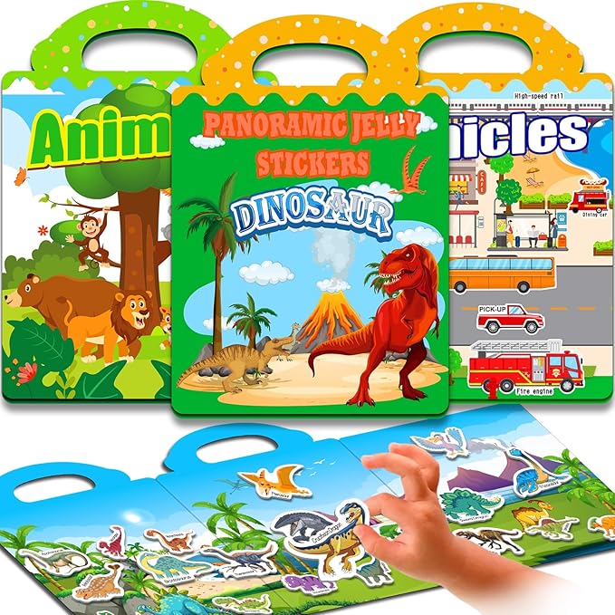 3 Sets Reusable Sticker Books for Toddlers 1-3, Removable Jelly Sticker Books for Kids 2-4 Years, Toddler Travel Toys Activity Book Trip Essentials for Kids- Animal, Dinosaurs and Vehicle