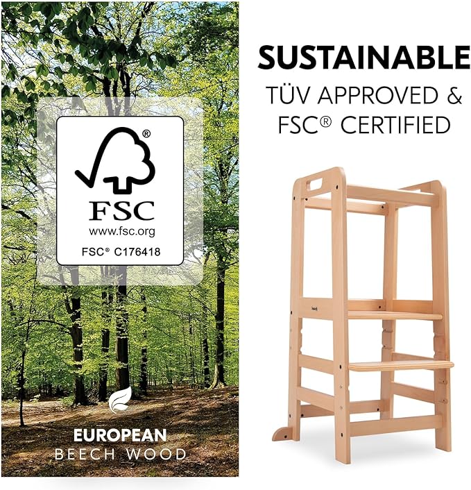 Hauck Learn N Explore Montessori Toddler Tower, Adjustable Wooden Kitchen & Bathroom Step Stool Helper for Home Use with Kids Ages 1+, Natural