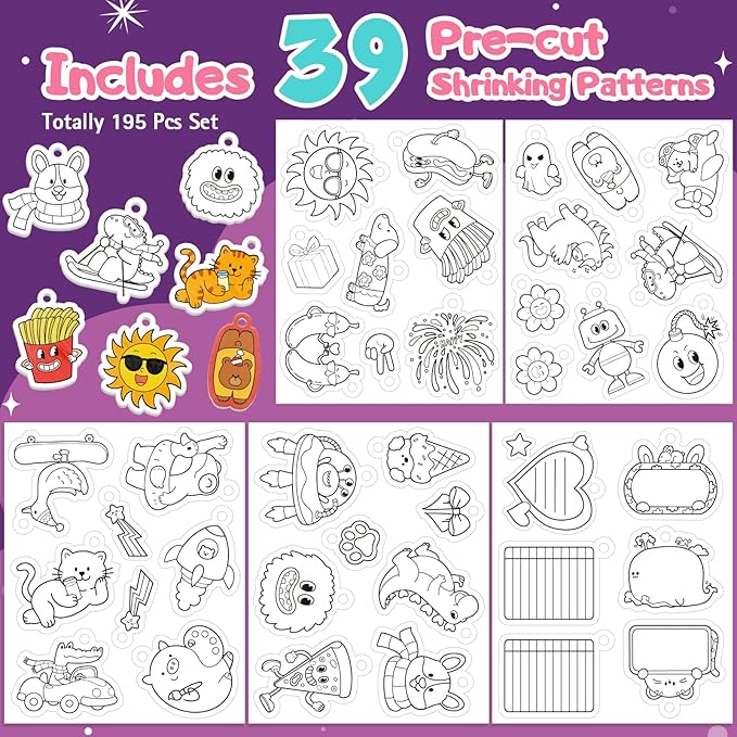 195 Pcs Shrink Plastic Kit with 39 Pre-Cut Patterns,3 Blank Shrink Plastic Sheets,Punch,Scissors,Keychains Lanyards,Tassels,Keychain Making Kit,Shrinky Art Charms,Shrinking Paper Craft Kits DIY Gifts