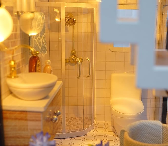 CUTEROOM DIY Miniature Dollhouse Kit with Furniture,Wooden Doll House Plus Music Movement & LED Lights, DIY House Kit for Christmas Birthday- Blue Times