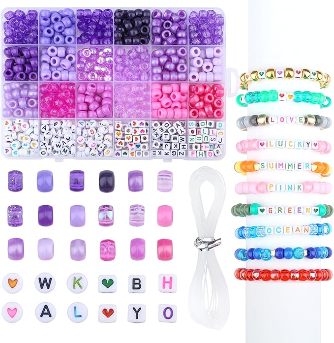 XIANNVXI 24Colours Pony Beads for Bracelet Friendship 720pcs Letter Kandi Purple Pony Beaded Kit Bracelet Making Kit for Jewelry DIY Crafts