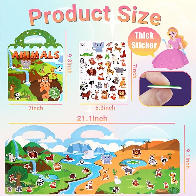 6 Pack Jelly Sticker Books for Toddlers 3+ Years, Reusable Sticker Books for Toddlers 3, Airplane Toys,Farm Vehicles Animals Princess My Body Supermarket Theme