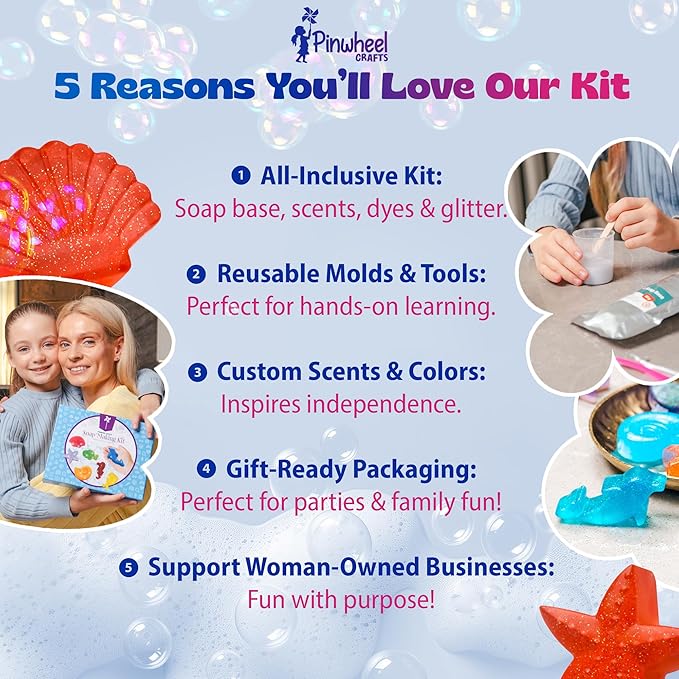 Pinwheel Crafts DIY Soap Making Kit for Kids Ages 5 6 7 8-12+ with Molds, Scents, Dye, Glitter, Foaming Net - Sealife Soap Making Kits for Adults Beginners Great for Science Projects and Crafts