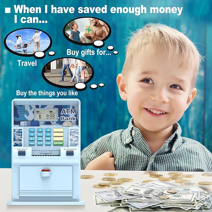 ATM Piggy Bank for Kids，ATM Bank Cash Coin Saving for Real Money with Debit Card，Coin Recognition, Balance Calculator, Electronic Savings Safe Box，Gift for Ages 6-13 Piggy Bank