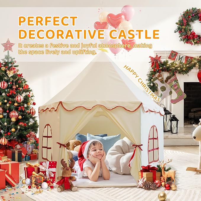 Large Girls Play Tent Princess, Boys Castle Kids Playhouse Indoor Outdoor Toddler Teepee | American Style Design, Age 3-8| Detailed Instructions| Colorful Package| Christmas Birthday Gift Beige