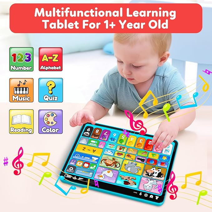 Trilingual Learning Toy Tablet with Music & Sound, Montessori Speech Musical Therapy Toys, Gifts for Boy, Girl, Baby, Toddler, for Age 1, 2, 3 Year Old (12-18 Months)