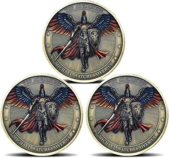 Archangel Michael Challenge Coin Religious Art Collectible with Inspirational Scripture Psalm 91:10 – 11 (Pack of 3)