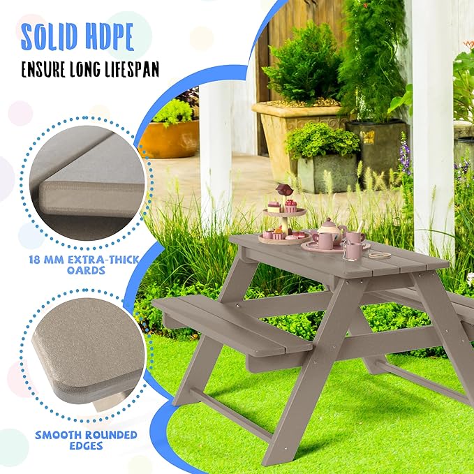 Costaelm Kids Picnic Table, HDPE All Weather Outdoor Toddler Picnic Table and Chair Set Kids Bench for Patio, Backyard, Garden, Lawn, Weathered Wood