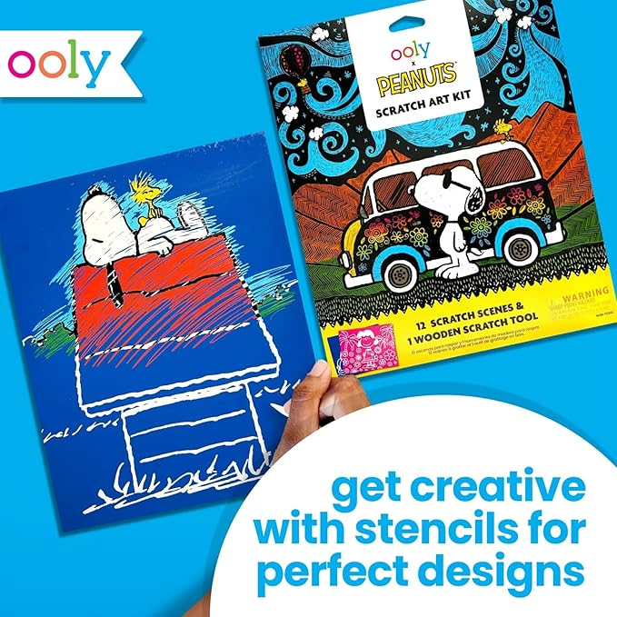 Ooly X Peanuts Scratch Art Kit - 12 Cards Featuring Snoopy, Woodstock and The Gang, Scratch Art Set Gifts for Kids, Travel-Friendly Craft Kit, Scratching Tool Included
