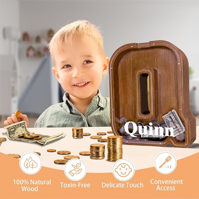 Wooden Letter Piggy Bank for Kids Larger Letter Piggy Bank for Boys and Girls Personalized Piggy Bank Initial Coin Bank Wood Kids Money Bank for Birthday and Festival