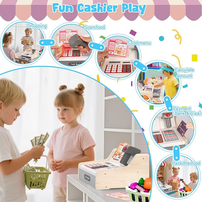 Rechargeable Wooden Kids Cash Register with Scanner, Pretend Play Cash Register Toy with Fake Money, Food, Credit Card, Toddler Boys Girls Age 2-4 4-8