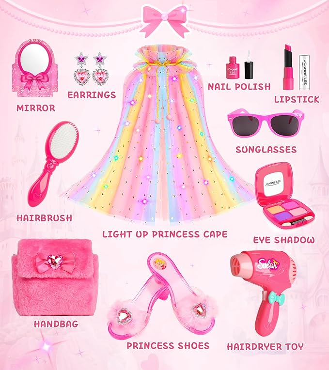 Princess Light Up Cape Dress Up Shoes, Kids Pretend Makeup Set for Girls Pretend Play Beauty Hair Salons Toys Gift for 3-6 Toddler Little Girls