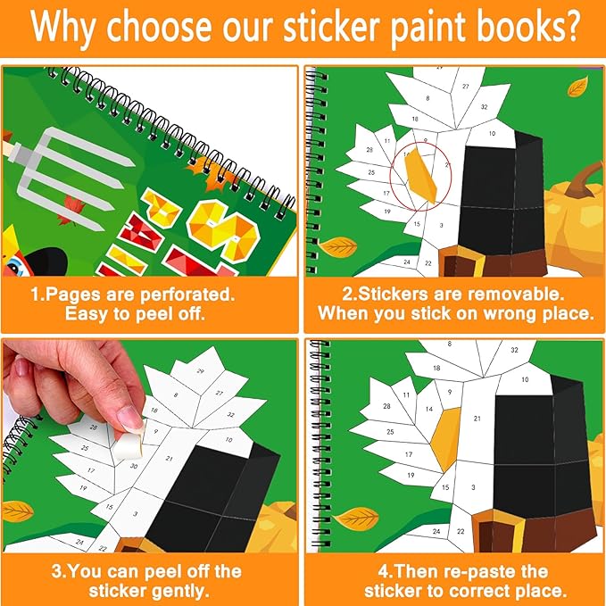 TBEEJ 2PCS Thanksgiving Day Crafts for Kids Ages 4-8 Sticker Paint Books Gift Party Create 20 Pictures（Sticker Sheets are Separate）