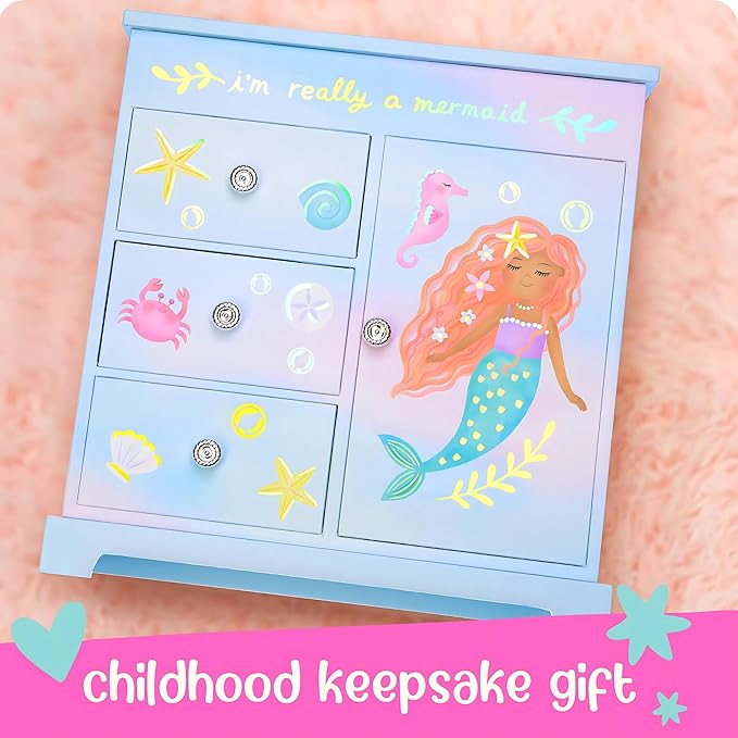 Mermaid Musical Jewelry Box for Girls - Kids Music Box with Drawers, Mermaid Mermaid Gifts for Girls, Mermaid Jewelry Boxes for Ages 3-10 - 9 x 5 x 9.3 in, Blue