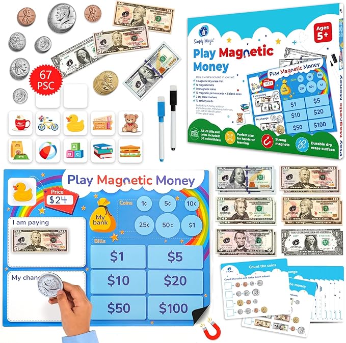 Simply magic 67 PCS Play Money for Teaching - Magnetic Money for Classroom Activity Set, Pretend Play Money Magnets for Kids, Money Manipulatives & Games, Toy Toddler Money, Learning Coins, Bills