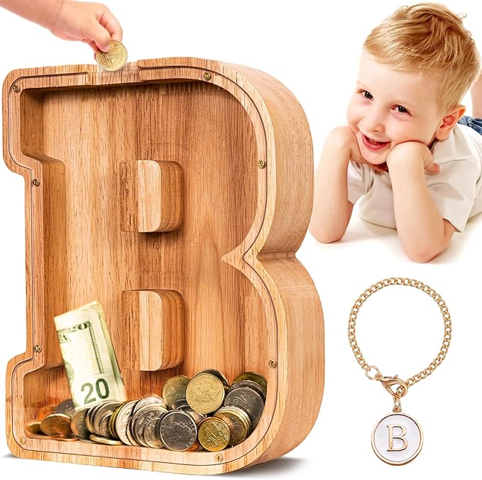 SummiDate Wooden Letter Piggy Bank| Piggy Bank for Boys Girls Toddler| Alphabet B Money Bank| Coin Bank Birthday Gift for Kids|Birthday Easter Gift for Kids (B)