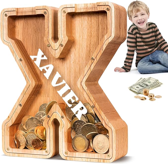 KMC Wooden Letter Piggy Bank, Personalized Initial Piggy Bank for Kids Boys, Clear Alphabet X Wood Money Box, Unbreakable Coin Saving Jar, Birthday, for Children