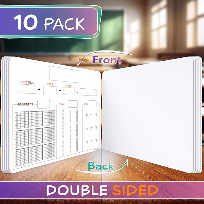 SCRIBBLEDO Base Ten Blocks 9”x12” Small White Board Dry Erase Sheets Math Manipulatives Place Value Number Blocks Math Supplies Teacher Students Classroom Pack of 10 Sheets
