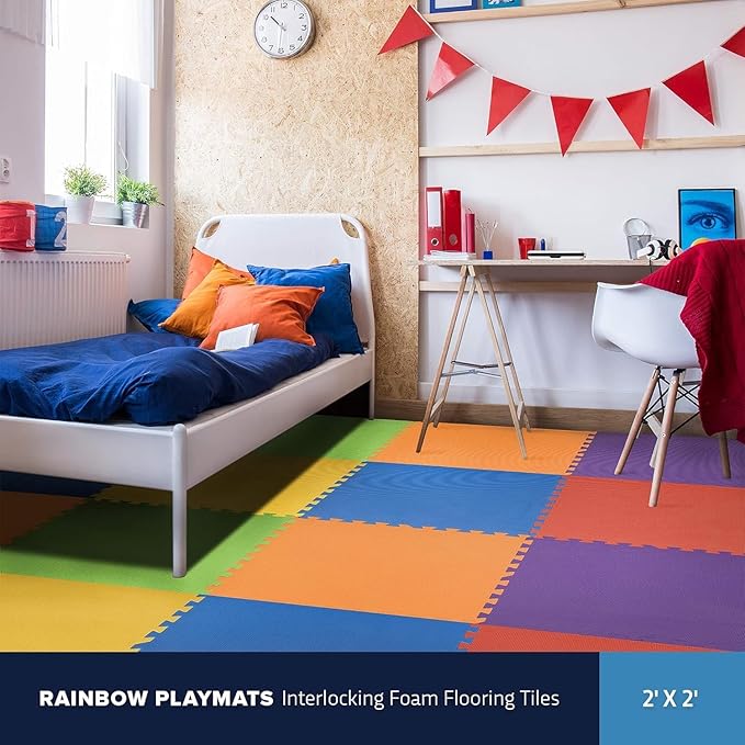 FlooringInc's Rainbow & Natural Harmony Playmat - Kid Safe Foam Floor Tiles with Removable Edges - 2'x2', 1/2" Thick (Rainbow, 36 Tile Pack)