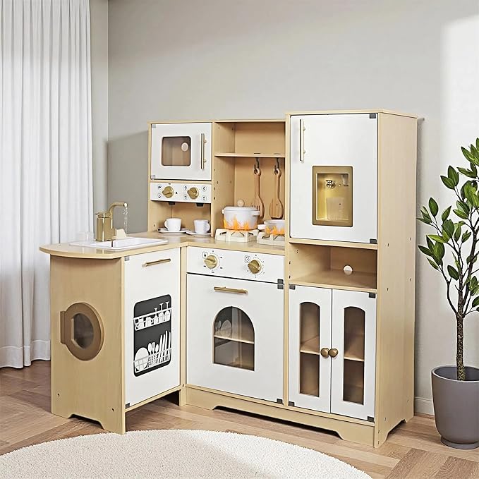 Large Wooden Corner Play Kitchen Sets with Real Running Water, 2 in 1 Water Dispenser with Ice Maker, Toy Tove with Light and Sounds for Toddlers, Preschoolers, Children Age 3+ Years