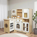 Large Wooden Corner Play Kitchen Sets with Real Running Water, 2 in 1 Water Dispenser with Ice Maker, Toy Tove with Light and Sounds for Toddlers, Preschoolers, Children Age 3+ Years