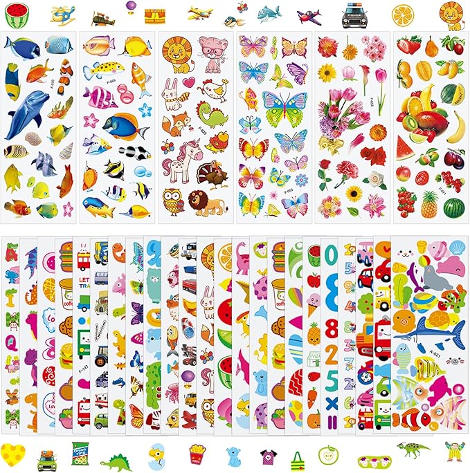 36 Sheets Mixed Stickers for Kids - 900+ 3D Puffy Stickers Variety Pack | Animals, Vehicles, Food, Letters, Dinosaurs | Reusable, Waterproof | Crafts, Scrapbooking, Gifts