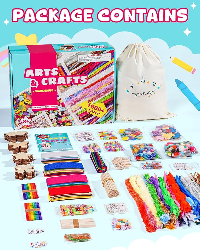 Wowood Arts and Crafts Kit for Kids - Over 1600 Pieces of DIY Craft Supplies! Creative Hobby Fun Activity Toys & Perfect Gifts for Girls and Boys Ages 8-12 to Spark Imagination and Joy(PA001)